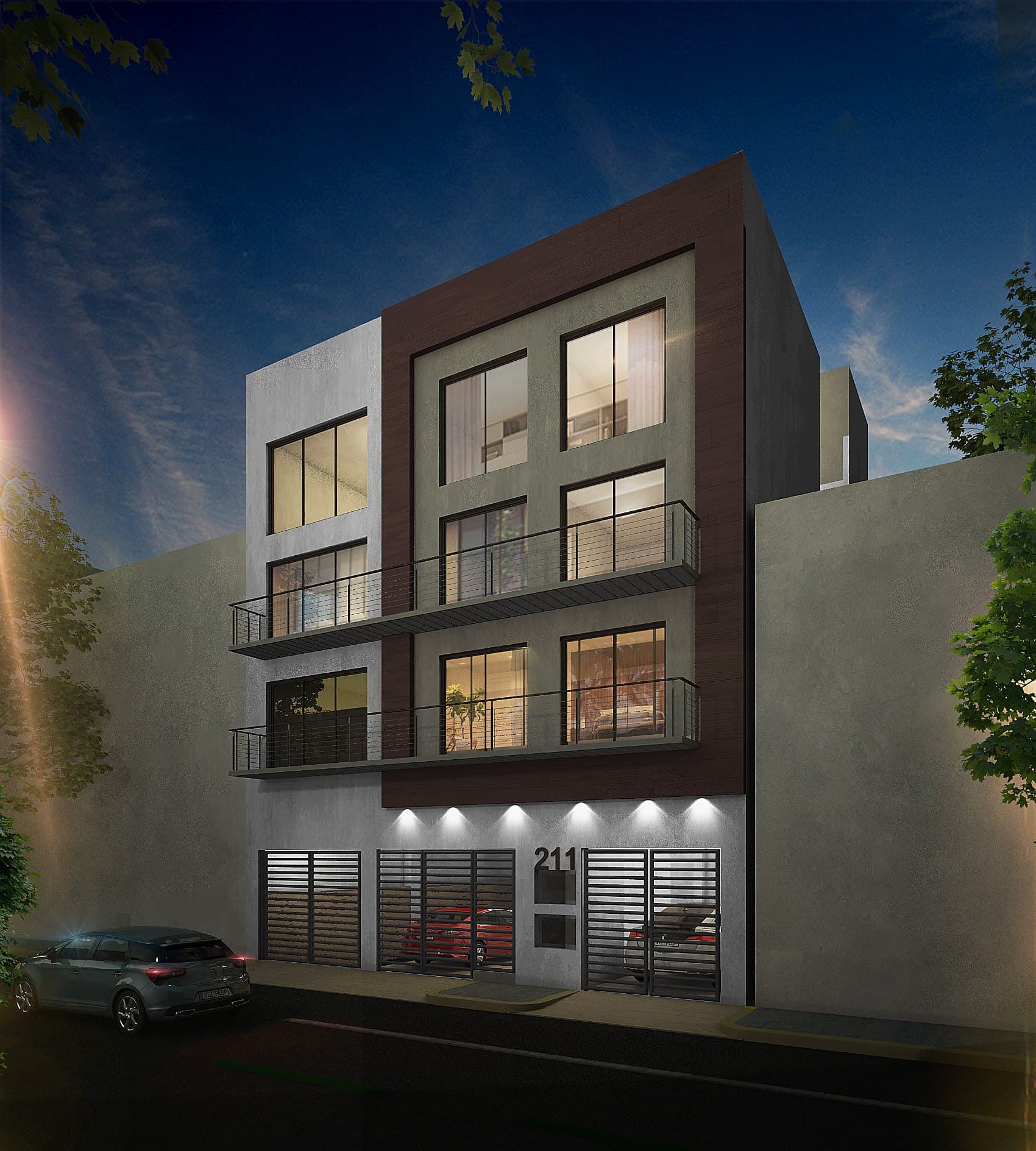 Render de la fachada nocturna de Nova Popotla, departamentos en venta en Carrillo Puerto 211, colonia Popotla, Miguel Hidalgo, CDMX