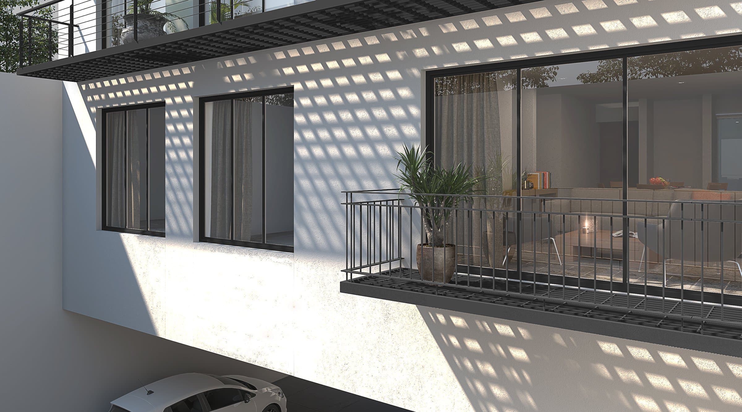 Render del balcón y la fachada posterior de Nova Popotla, Popotla CDMX
