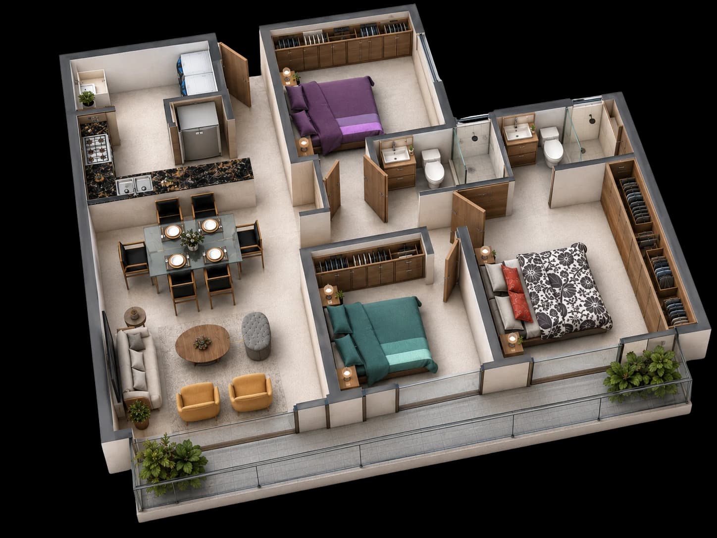 Render 3D de la distribución del departamento tipo de 109 m² y 3 recámaras en venta en Nova Popotla, Popotla, CDMX