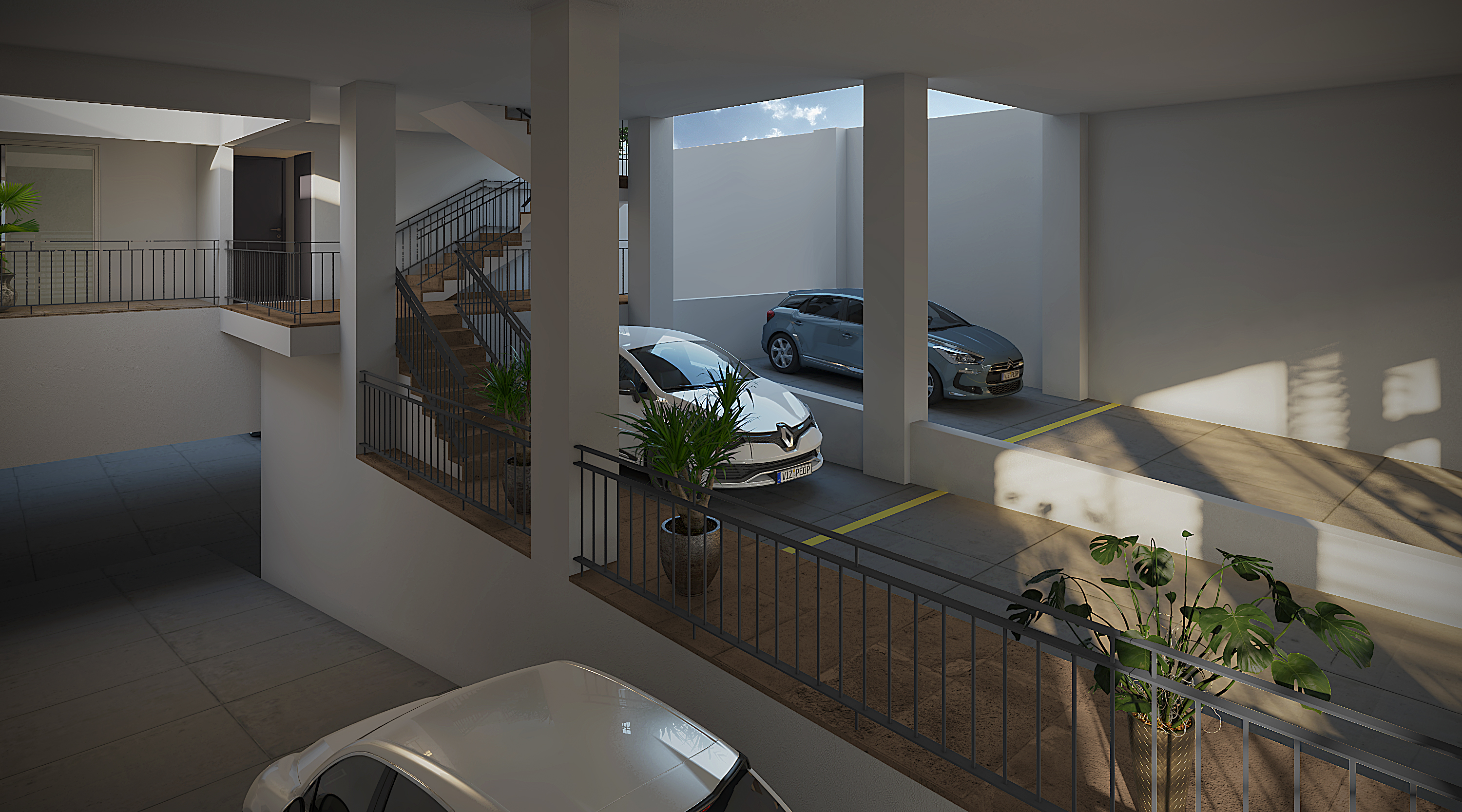Render del estacionamiento interior de Nova Popotla, Popotla CDMX