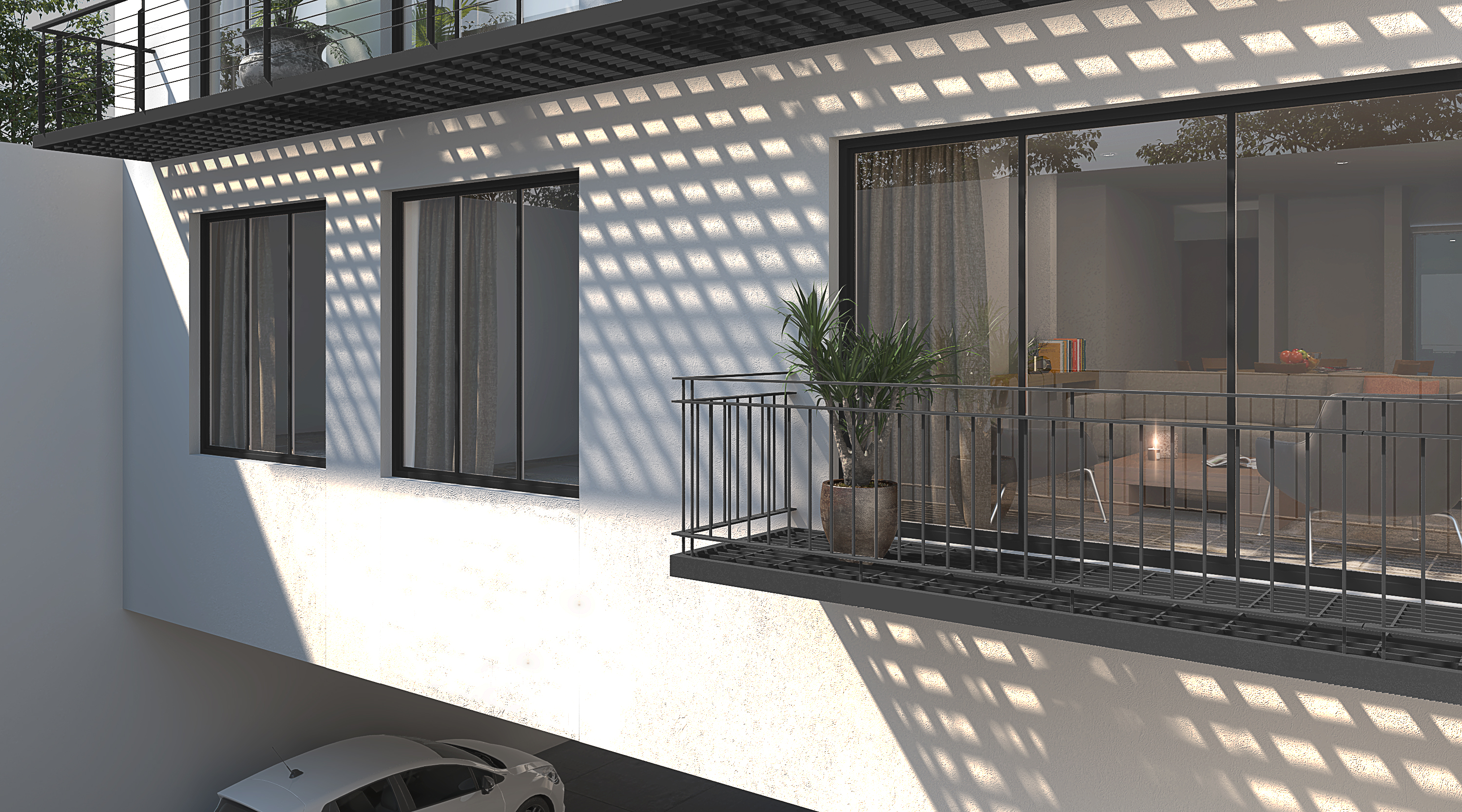 Render del balcón y la fachada posterior de Nova Popotla, Popotla CDMX