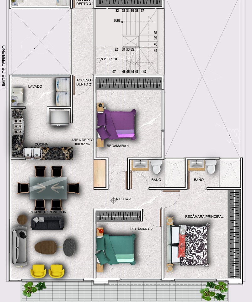 Plano de distribución del departamento de 109 m² en Nova Popotla, Popotla CDMX