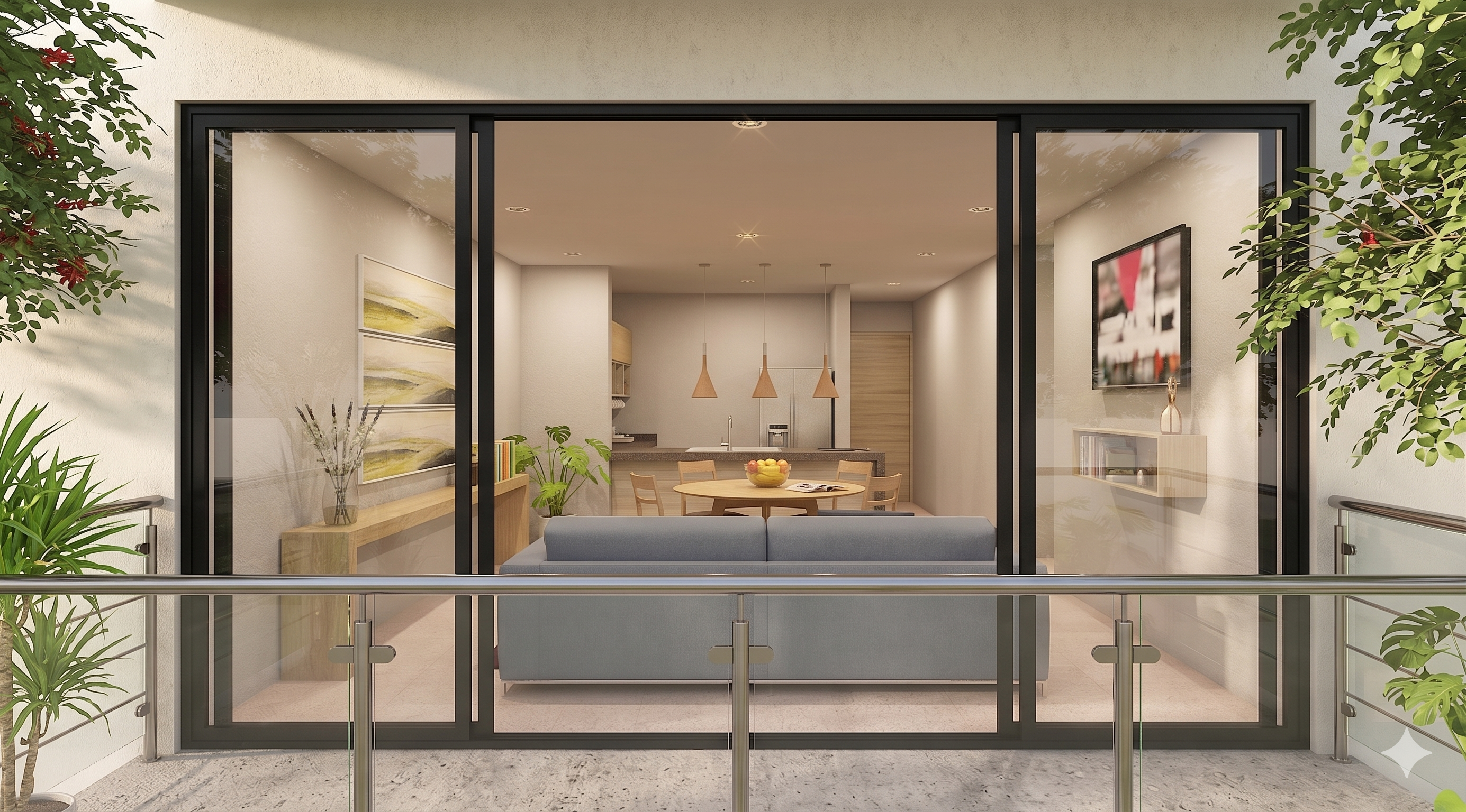 Render de la sala y comedor en concepto abierto de un departamento de Nova Popotla, Popotla CDMX